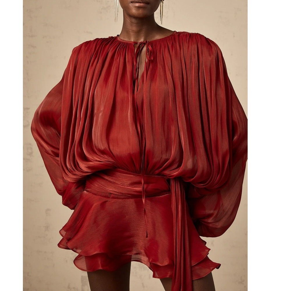 NWT $259 Gameday Maroon Pleated Plissé Mini Dress Balloon Sleeve Tie Waist Small